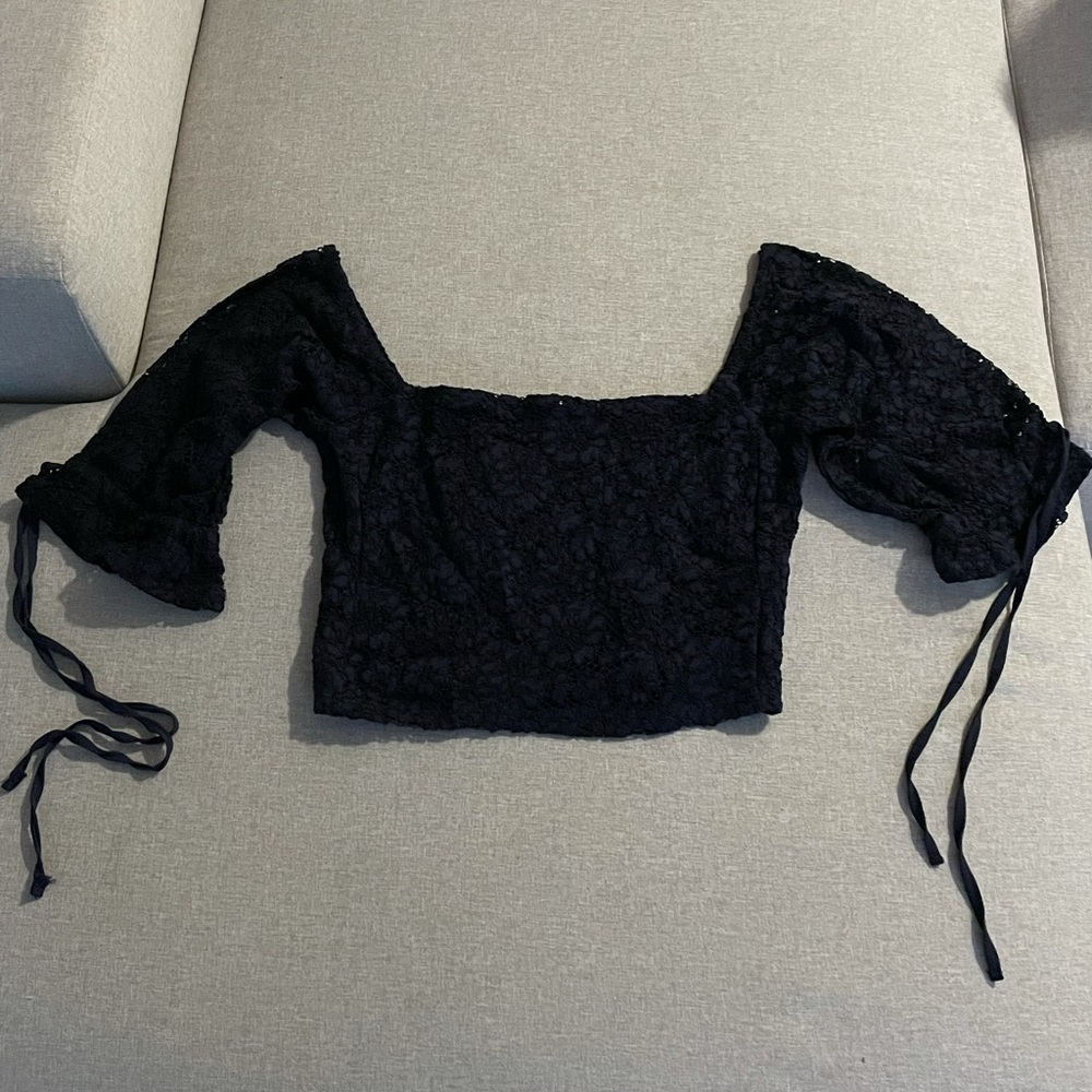 Zara Navy Blue Laced Cropped Shirt